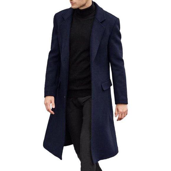 SOMTHRON Other - Men's  Dark Blue Slim Fit Notched Collar Long Casual Trench Coat with Pocket